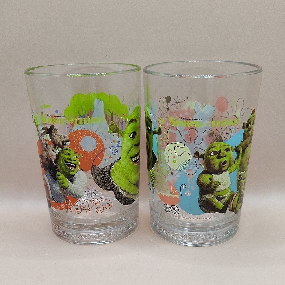 2 Shrek The Third Glasses from 2007 McDonalds Collection ~ Donkey ~ DreamWorks